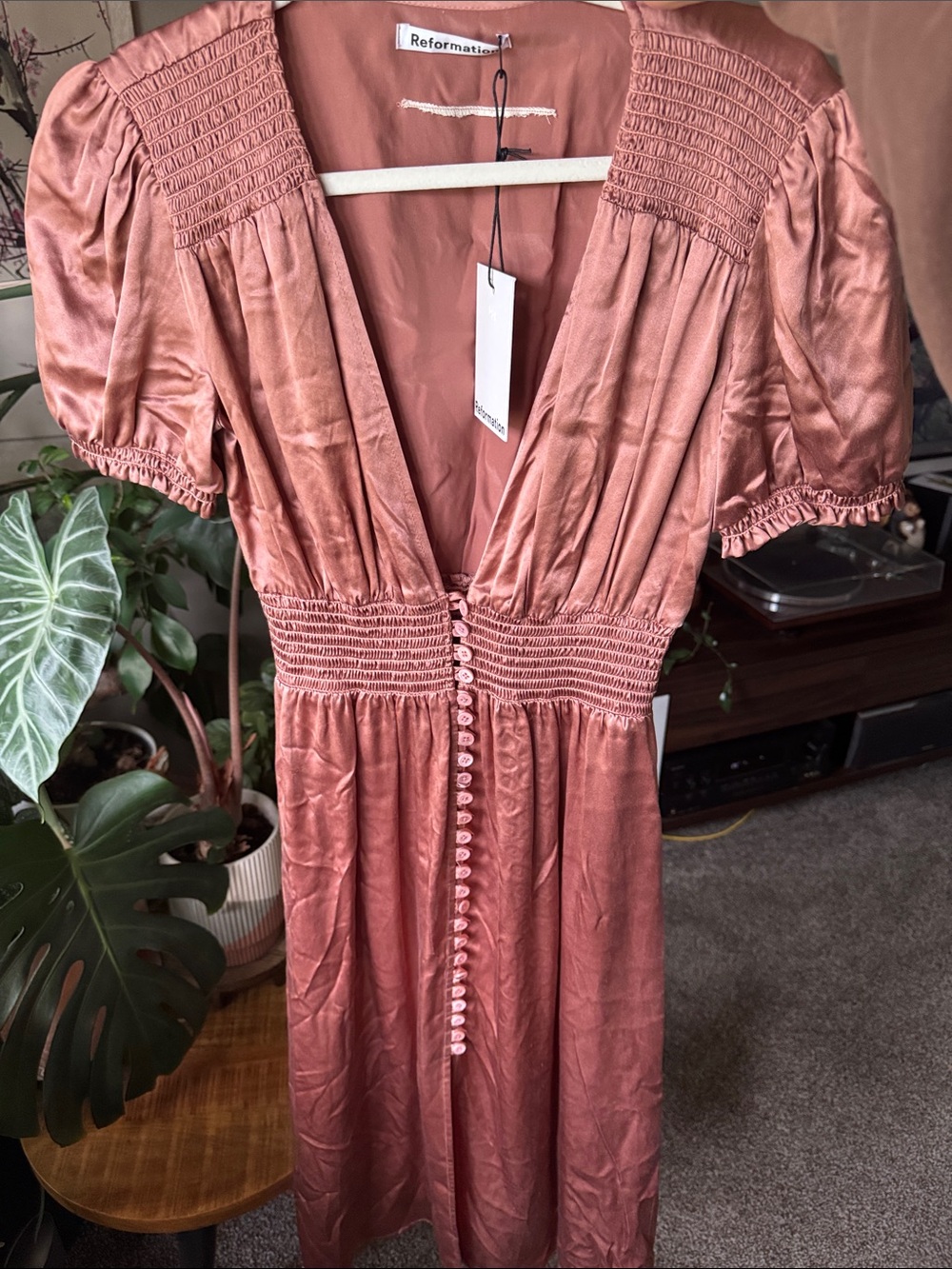 Reformation rose-pink button-front midi dress